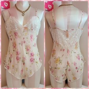 VTG Victoria's Secret 100% Silk Chiffon Lace Bodysuit Teddy Size M